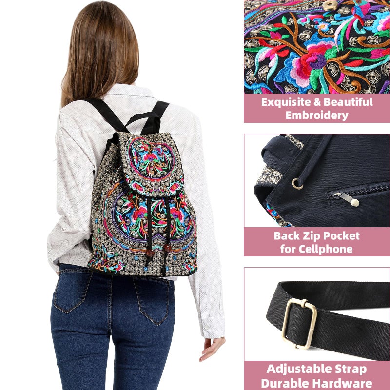 Goodhan Vintage Embroidered Women Backpack Ethnic Travel Handbag Shoulder Bag Large Version - Image 3